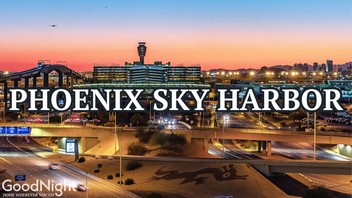 A dynamic view of Phoenix Sky Harbor Airport at sunset, showcasing the airport terminals, busy roadways with traffic, and city lights in the background. The colorful sky creates a sense of movement and opportunity, emphasizing the property's convenient access to major travel hubs.