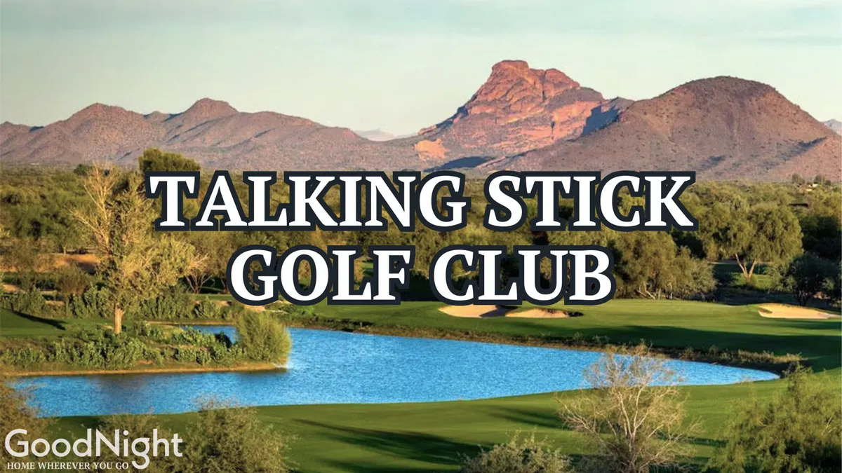 A scenic view of a lush golf course with a serene lake, mountains in the background, and trees lining the fairway. The expansive green space and natural beauty highlight nearby recreational opportunities, such as golf at Talking Stick or Papago.