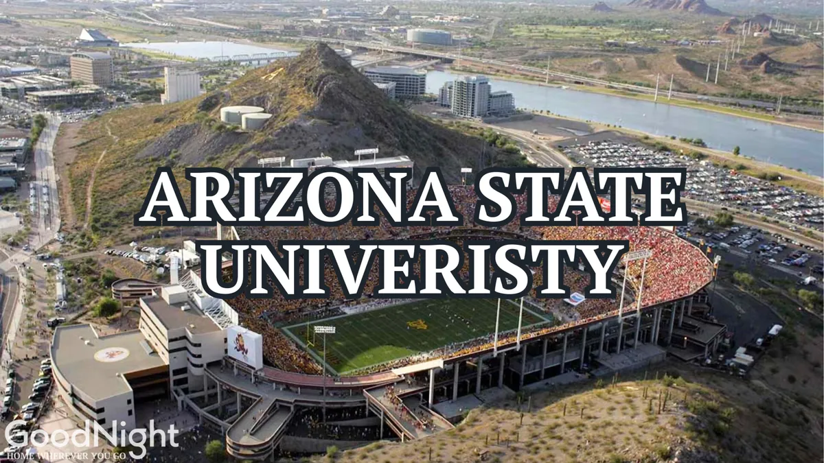 A wide view of Arizona State University Stadium, set against the surrounding landscape and filled with a crowd of spectators. The image captures the excitement of a sporting event and highlights the stadium as a major campus hub.